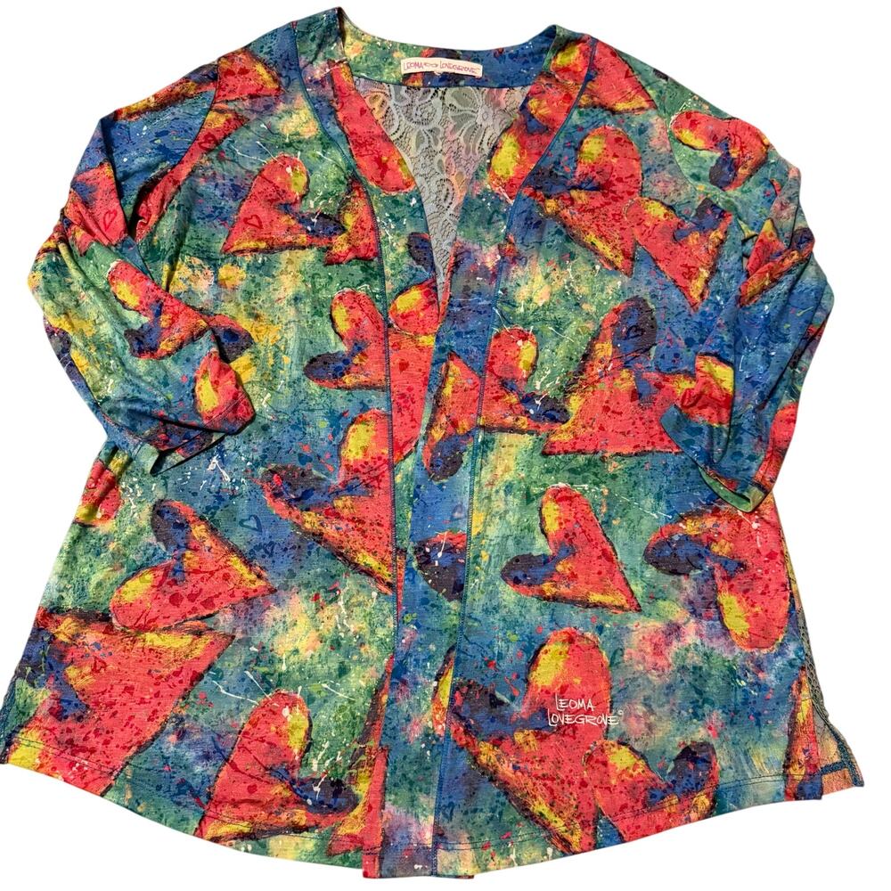 Leoma Lovegrove Colorful Heart Print Lace Back Open Jacket Top Approx L